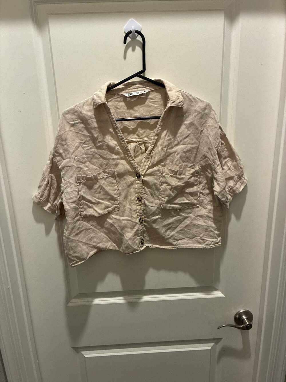 Zara Linen Crop Button Up Short Sleeve Shirt Beige Size XS